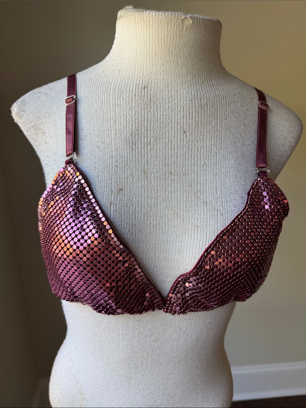 Sequin Triangle Bra in Metallic Burgundy